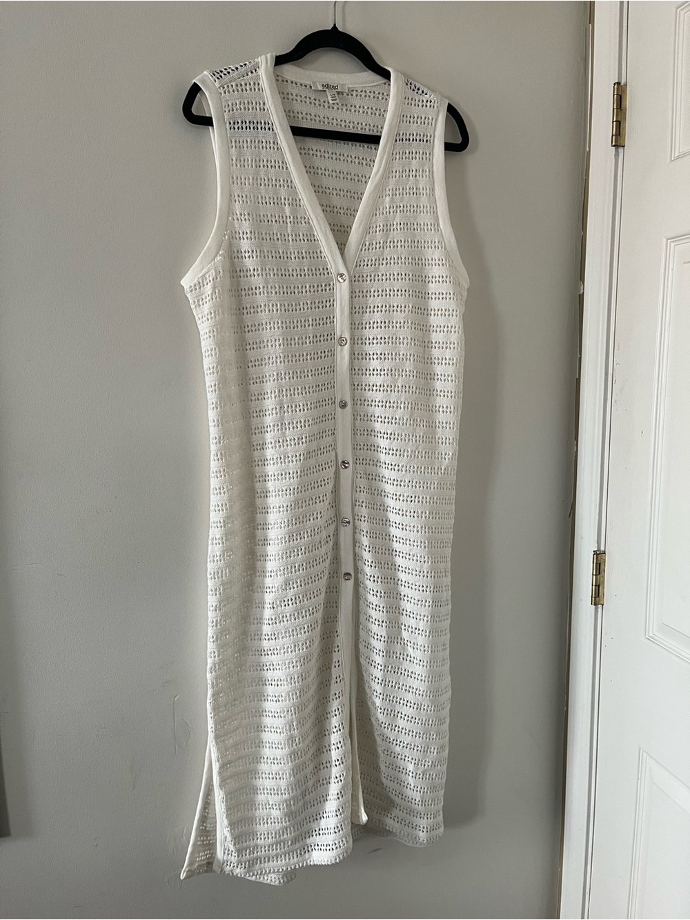 White Open Knit Crochet Button Front Sleeveless Midi Dress Large Coastal Resort